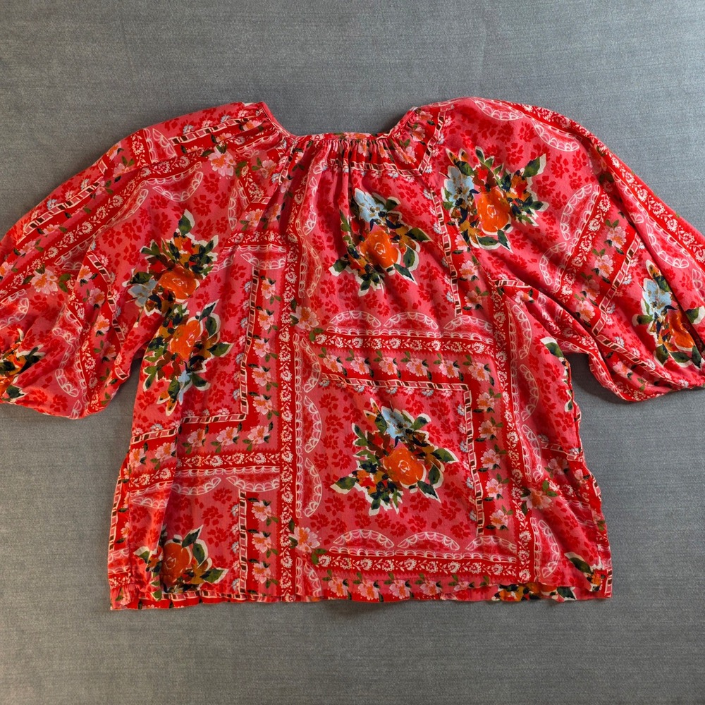 Boho Floral‎ Puff Sleeve Blouse 0X Red Cottagecore Button Front Cotton Rayon Top